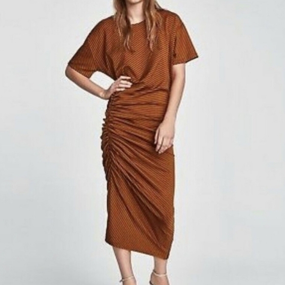 Zara Womens Ruched Midi Dress. Rust/black striped. Size S - Picture 6 of 6